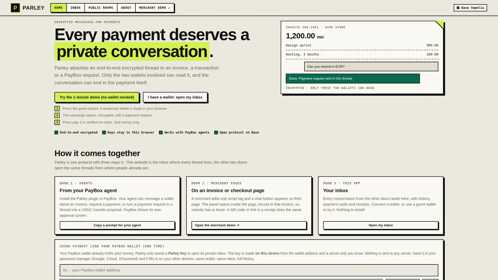 Home, with the one-minute demo (no wallet needed)