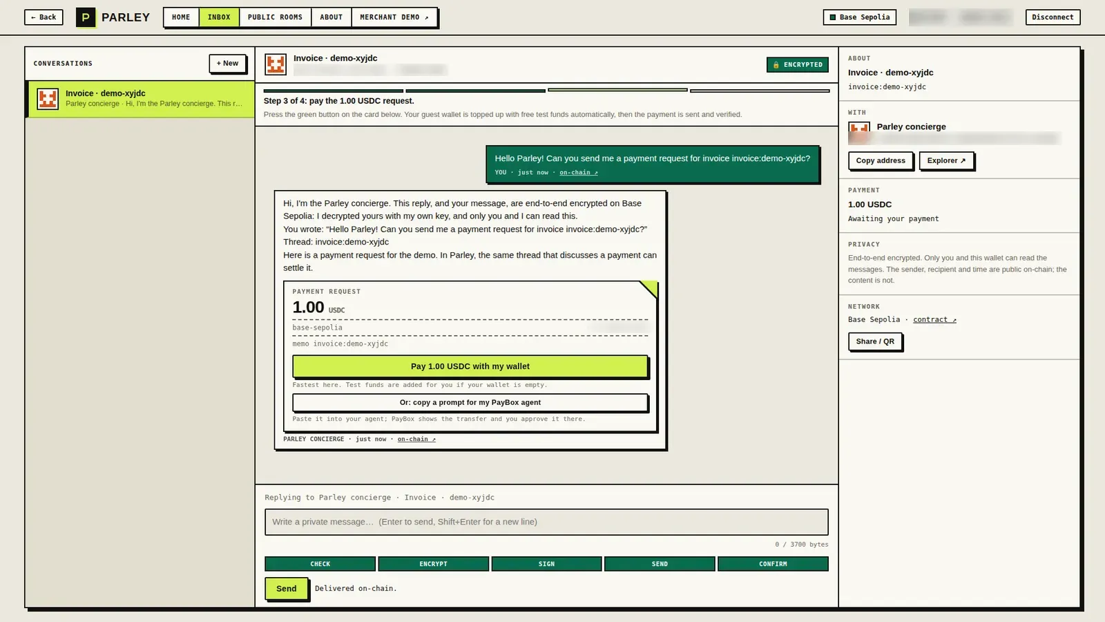 Encrypted reply with a payment request card